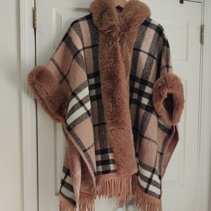 Adrienne Vittadini Plaid Hooded Cape with Faux Fur in Tan and Black